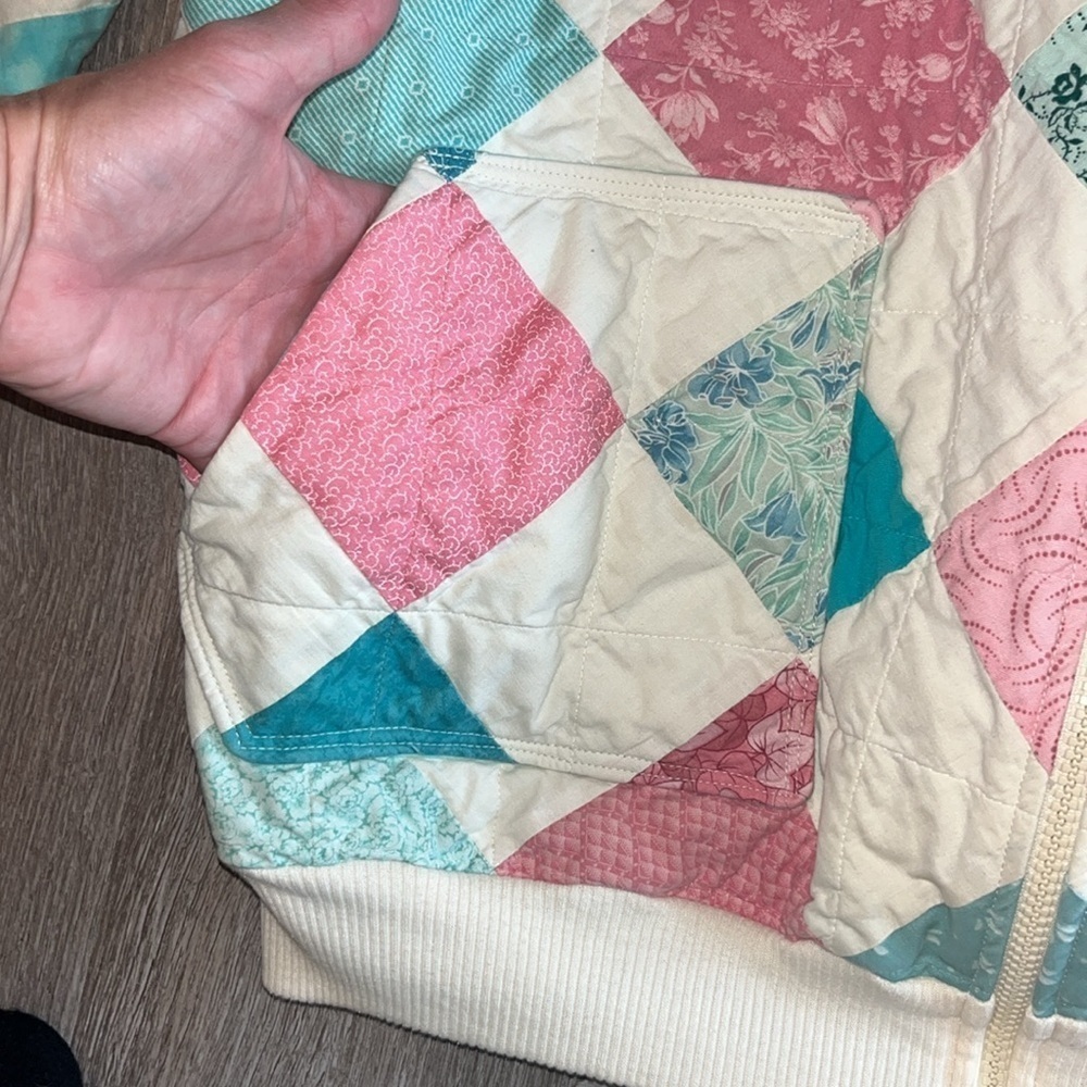 Vintage boho folk grandma quilt square pink teal patchwork zip jacket XL XXL - Picture 8 of 14